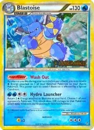 Blue and yellow Blastoise Pokémon card, Stage 2, HP 130, in a grading case.