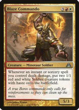 Minotaur warrior in armor, fiery background, Blaze Commando Magic: The Gathering card.
