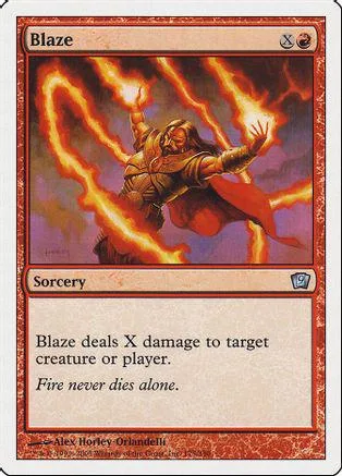 Card art depicts figure casting fiery spell against dark background. Blaze sorcery.