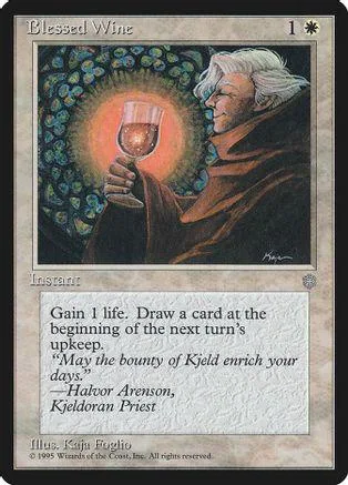 Elderly man holding wine glass against glowing background on Magic card.