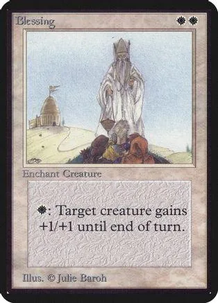 Card art shows robed figure before dome structure. Text reads "Blessing.