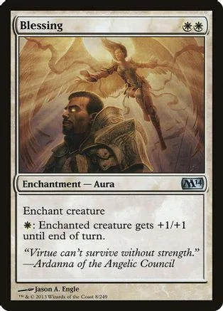 Angel figure above man on card art, beige and brown tones.