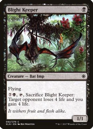 Dark bat imp creature card art with green foliage background.