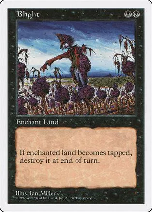 Dark, fantasy creature on a blue and purple landscape card. Enchant Land type.