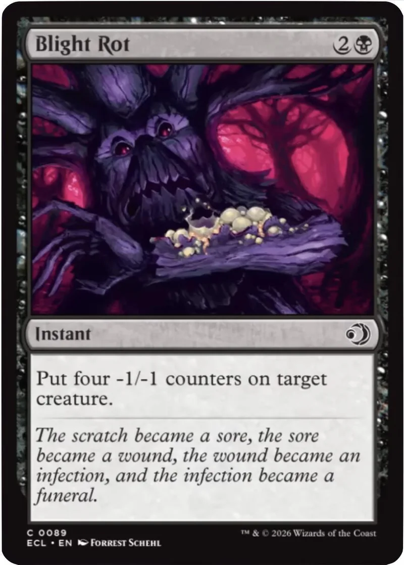 Dark purple creature art on a Magic: The Gathering card, Blight Rot.