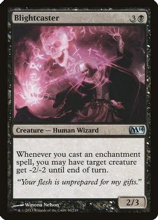 Dark wizard figure in pink and purple magic on a collectible card.
