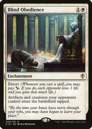 Black and white card art showing a draped figure in a stone setting. Blind Obedience enchantment.