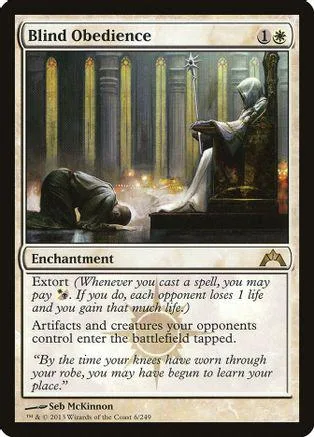 Dark, ornate card art featuring a robed figure in a grand hall. Enchantment card.