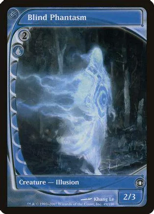 Blue and white spectral figure in dark forest on Magic: The Gathering card.