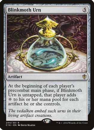 Blue and gold potion bottle artifact card, Blinkmoth Urn, in good condition.
