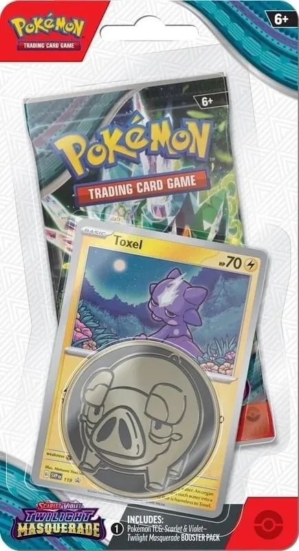 Toxel Pokémon card, purple and blue, in a booster pack.