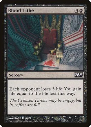 Magic: The Gathering card, Blood Tithe, showing a throne in a dark, cavernous setting.