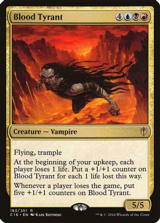Dark vampire creature card art, fiery background, black and red colors.