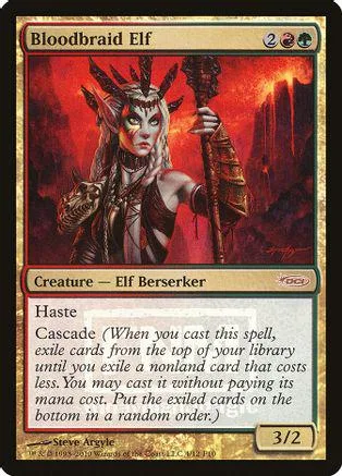 Elf berserker card art: fierce woman with horns, red and orange background.