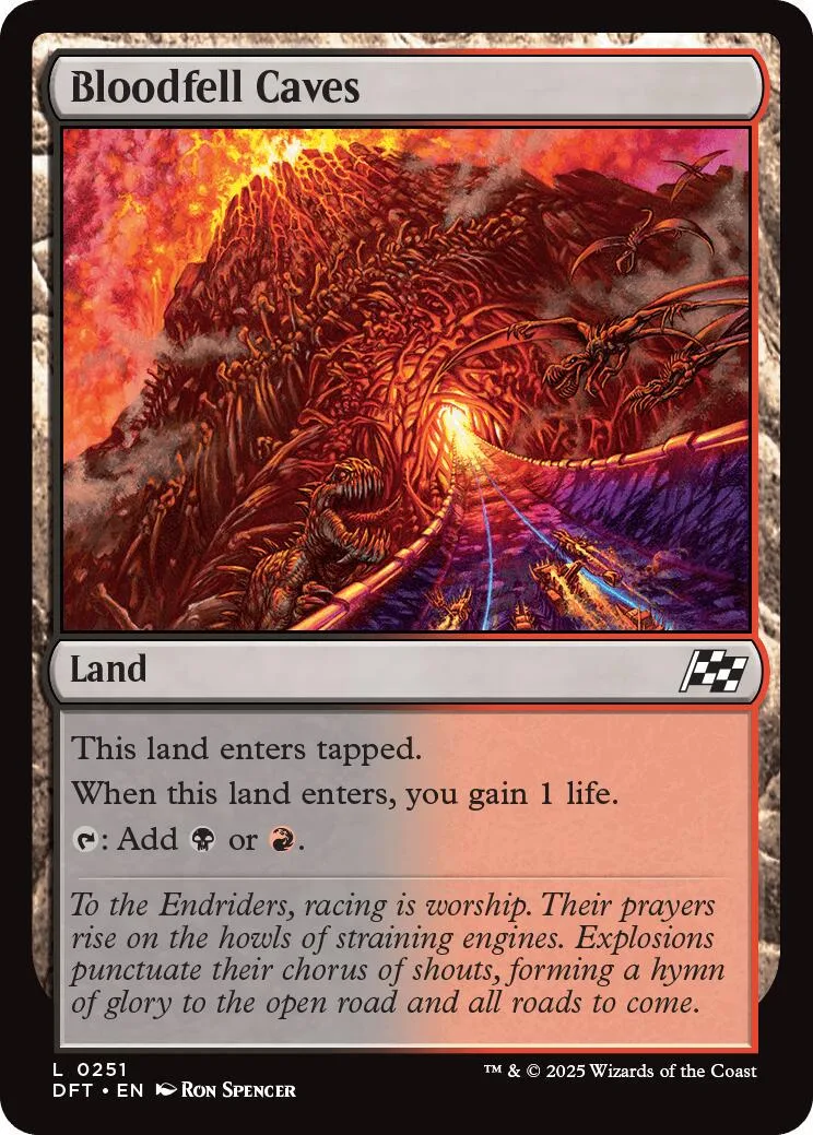 Fantasy landscape card art featuring fiery, dark caverns and glowing light.