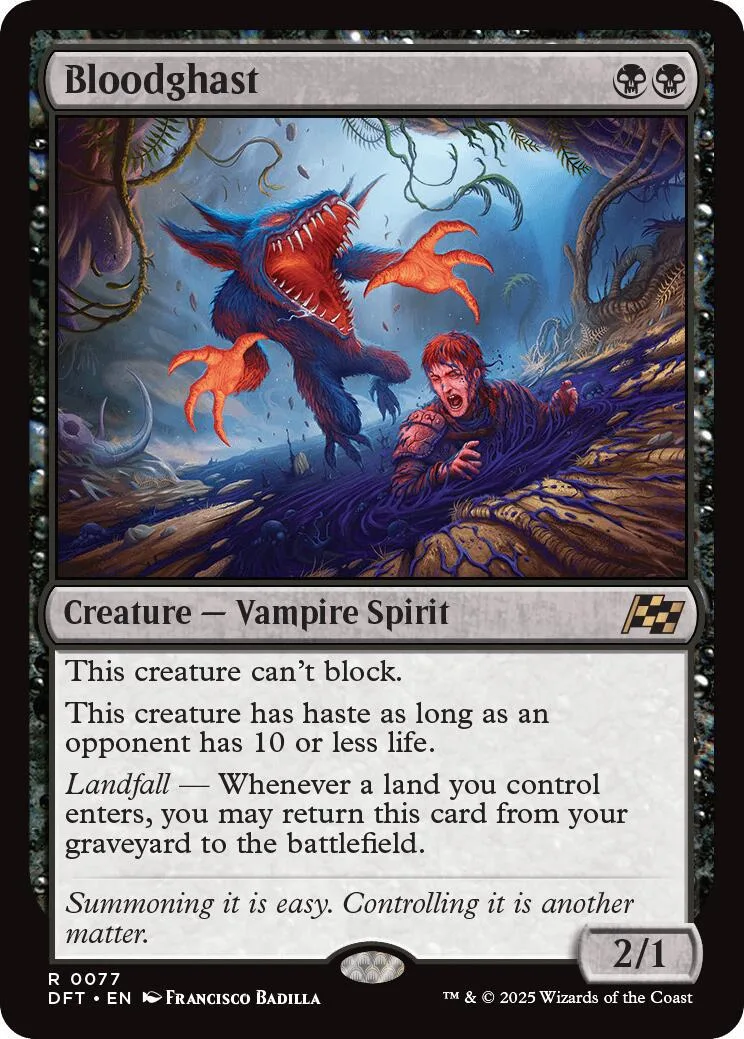 Red and blue vampire spirit creature card art, showing a monstrous figure over a man.