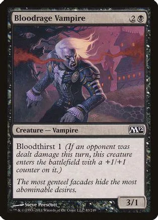 White-haired vampire creature card art, dark castle background, black and purple tones.