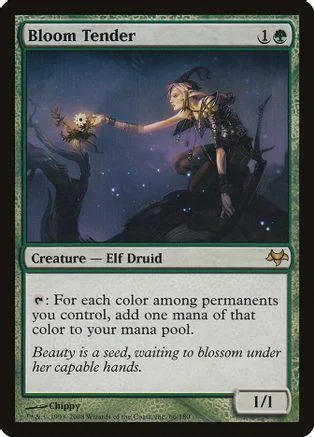 Elf druid character in dark forest scene on a Magic: The Gathering card.