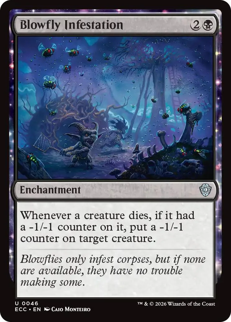 Blue and purple card art showing dark, spooky forest with flying insects.