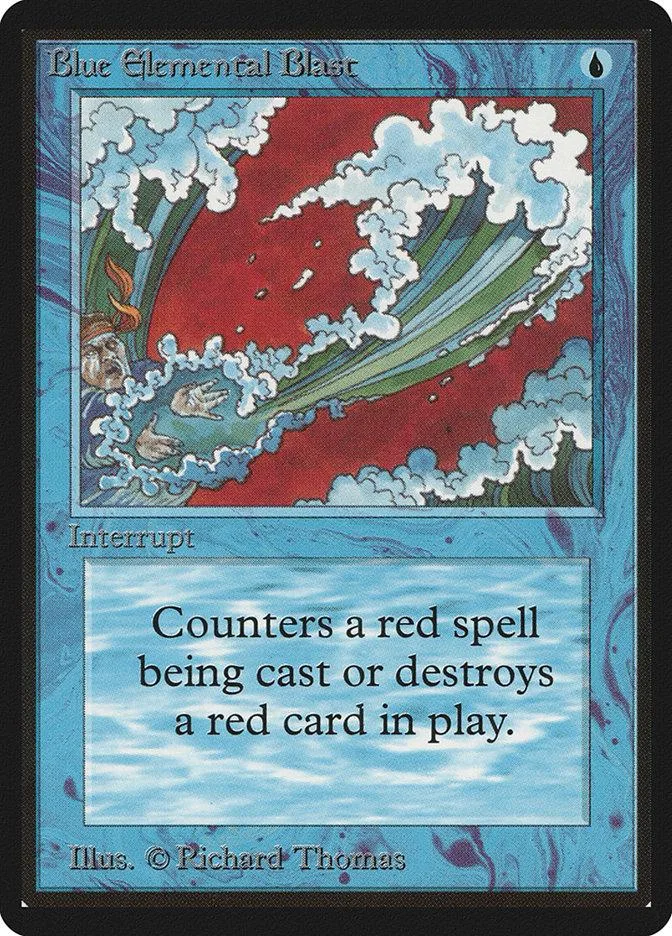 Blue Elemental Blast card art: red and white clouds over a red landscape.