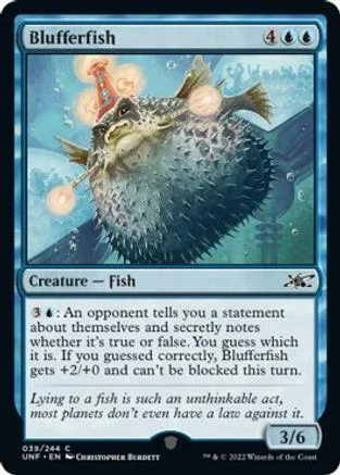Spiky fish creature card art, blue and green tones, showing a bluffing fish.