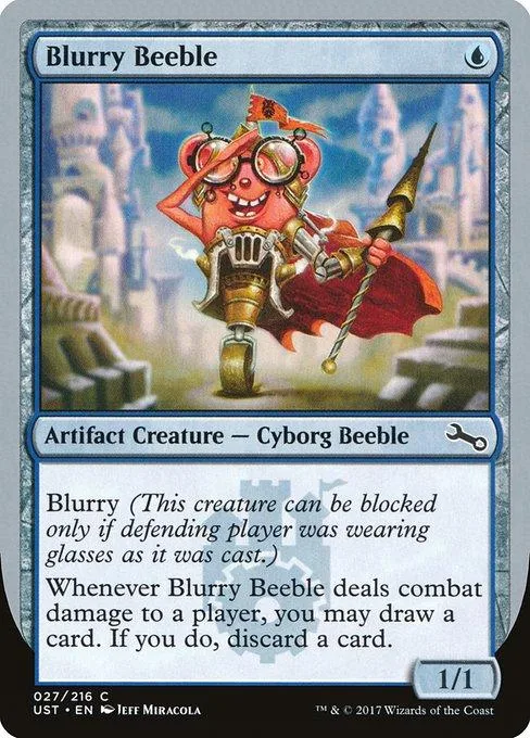 Cyborg beetle character in red and gold armor on a trading card.