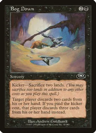 Magic: The Gathering card, Bog Down, swampy landscape art, black frame.