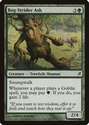 Green tree creature with brown bark stands in a swampy, mossy forest.