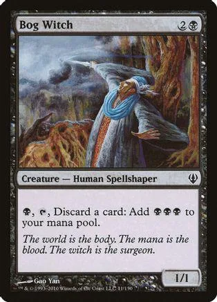 Sorceress figure in blue and grey robes against a dark, wooded background.