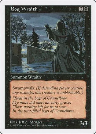 Dark figure in hooded robe stands in a swampy, dark landscape.