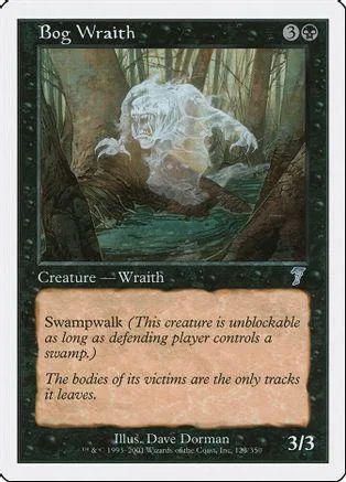 White spectral creature in swampy woods on a Magic: The Gathering card.