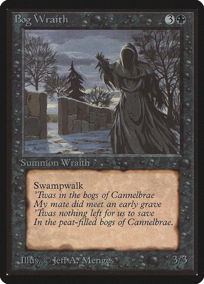Dark swamp scene with hooded figure on a black and gray card.