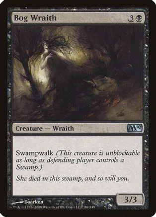 Dark, shadowy wraith creature card art, swampy scene, black and brown tones.