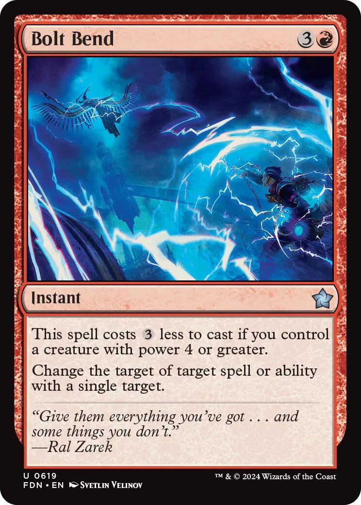 Blue and black card art showing lightning and a flying creature. Bolt Bend instant spell.