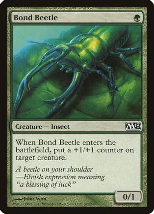 Green insect creature card art, Bond Beetle, M13 set symbol visible.