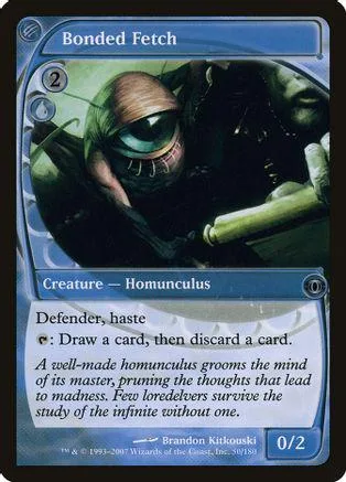 Dark humanoid creature with goggles on a blue and green card.