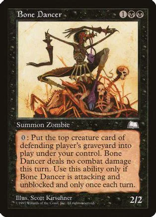 Dark, skeletal creature on brown card art. Black and white text.