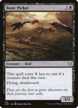 Black and white bird flying over dark, misty landscape on a card.