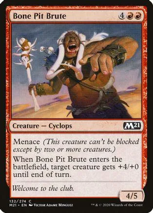 Cyclops creature card, brown skin, white horns, aggressive pose, M21 set.