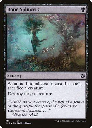 Dark, mystical forest scene on a Magic: The Gathering card titled "Bone Splinters.