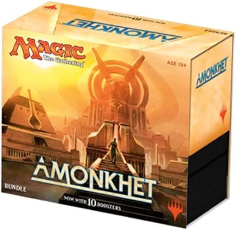 Card game box featuring orange and gold artwork with a central structure.