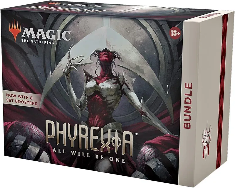 Magic: The Gathering Phyrexia bundle box art featuring a monstrous, red-skinned figure.