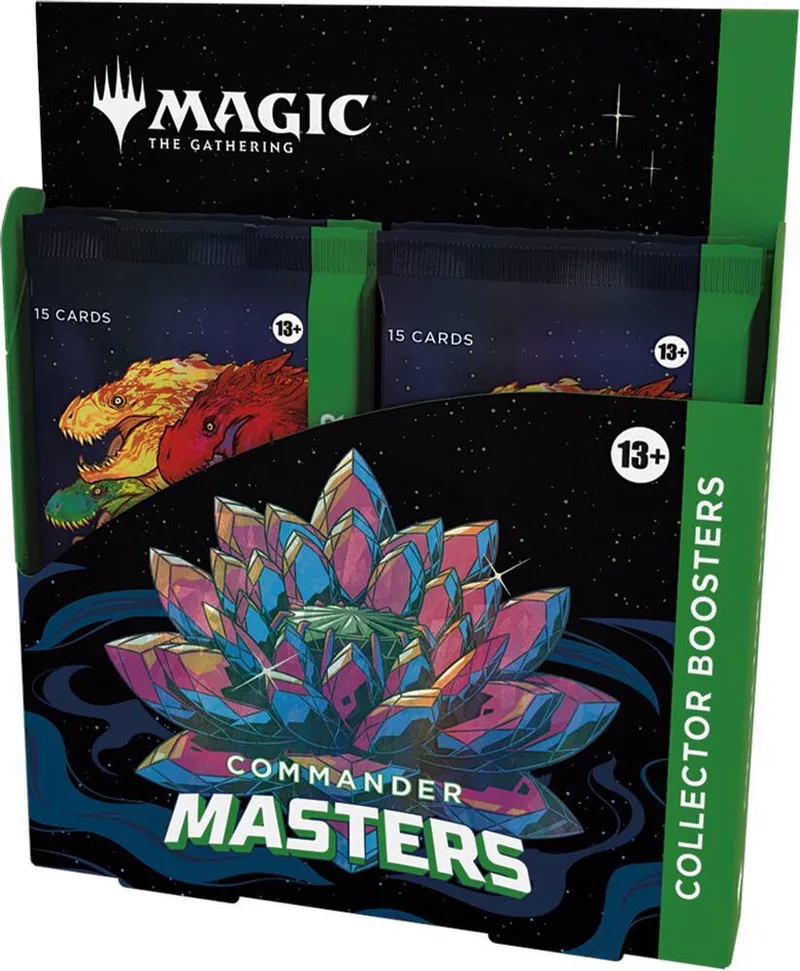 Magic: The Gathering Commander Masters booster box, black and green packaging.