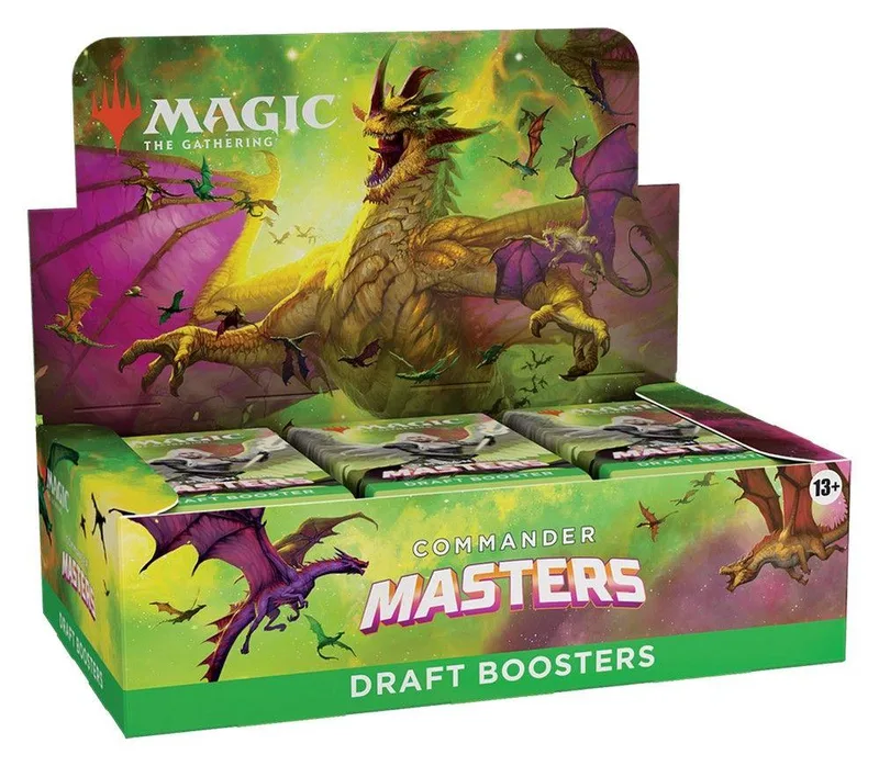 Magic: The Gathering Commander Masters Draft Boosters box art featuring a large green creature.