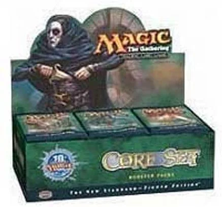 Magic: The Gathering Core Set box with multiple booster packs visible.