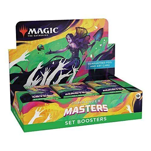 Magic: The Gathering Commander Masters set boosters box, vibrant green and gold design.
