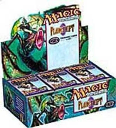 Magic: The Gathering booster box, green and purple artwork, sealed.