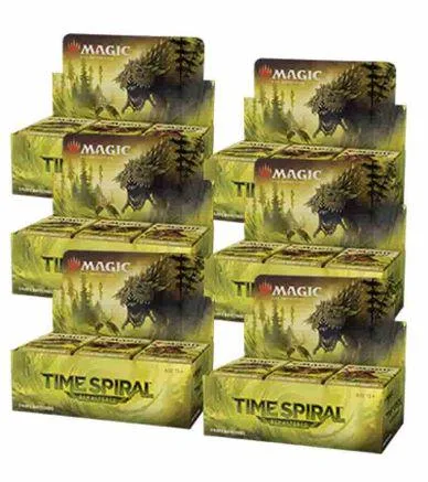 Multiple boxes of Magic: The Gathering Time Spiral cards, gold and yellow packaging.