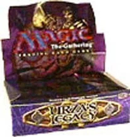 Magic: The Gathering Urza's Legacy booster box, purple and black packaging.