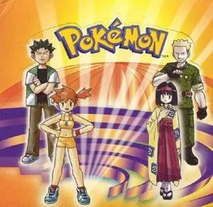 Pokémon characters illustration featuring Ash, Misty, and a female trainer.
